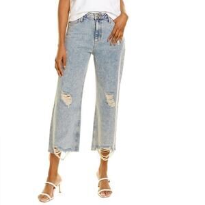 Avec Les Filles Cropped Wide Leg Jeans Distressed Acid Wash Baggy Blue Size 31